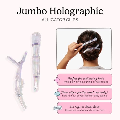 Mane Jumbo Holographic Alligator Hair Clips - Heavy Duty Sectioning Clips for Thick & Curly Hair (2 Count)