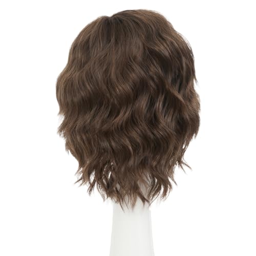 Layered Brown Short Curly Wigs for Men Unisex Cosplay Halloween Anime Wavy Hair - Fluffy & Natural