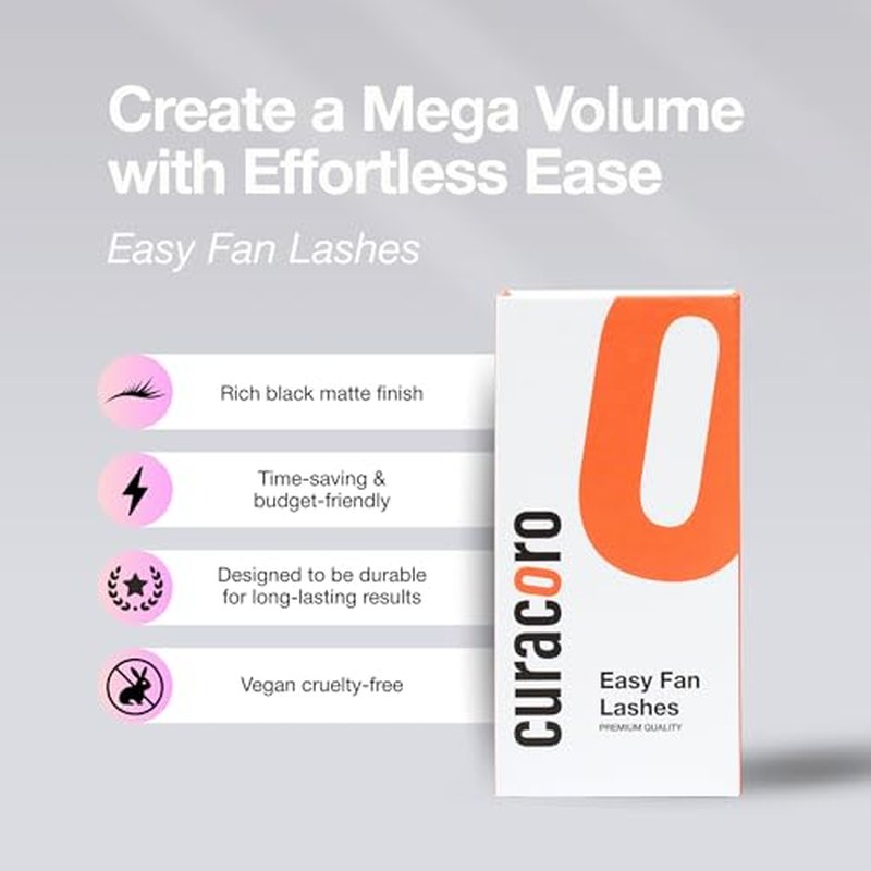 Curacoro Easy Fan Eyelash Extensions 0.03~0.07mm Thickness, C CC D Curl, 9mm-16mm Mixed & Single Length, Super Matte Black Volume Self Fanning Lash Extensions, Professional Supplies for Lash Techs