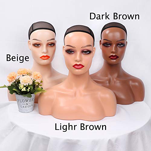 Realistic Female Mannequin Head with Shoulders - Dark Brown