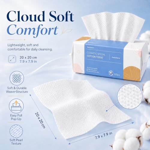 Disposable Face Towels 100 Count Pack of 3 - Soft Cotton Dry Wipes for Face & Makeup Removal