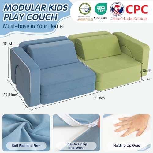 Kids Couch with 1000+ Building Options - Blue & Green Modular Play Sofa