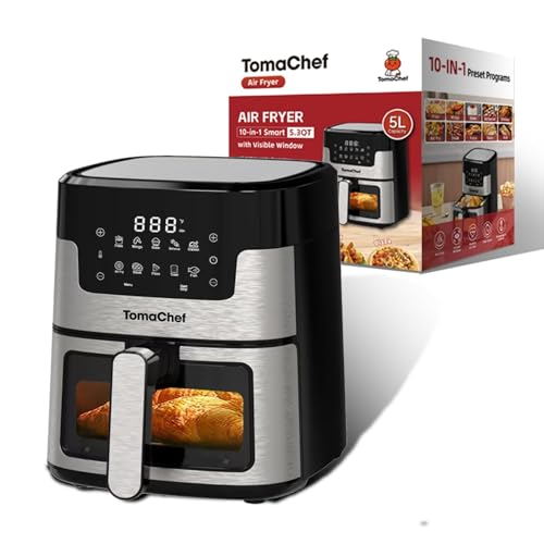 TomaChef 5.3QT Air Fryer with View Window & 10 Cooking Presets - Black, Medium