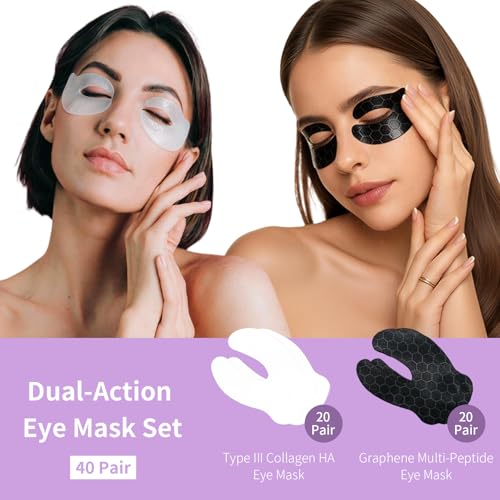 ElaraRenew Complete Eye Revival Duo Black & White - 40 Pairs Hydrating Collagen & Peptide Masks for Under Eyes