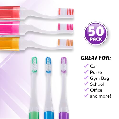 Mini Travel Toothbrush with Cover - Camping Size, Medium Bristles, 50 Pack - Adult Kit (Case-Medium Variation)