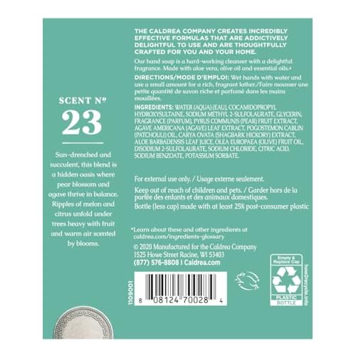 Caldrea Hand Soap Refill, Aloe Vera Gel, Olive Oil And Essential Oils To Cleanse And Condition, Pear Blossom Agave Scent, 32 Oz