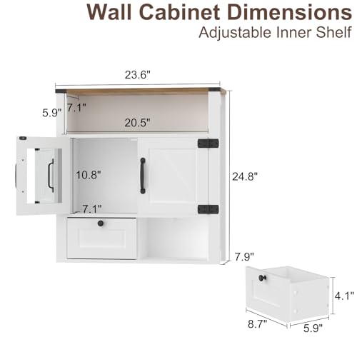 Farmhouse Bathroom Wall Cabinet with Mirror, Wall Mount Storage Shelf