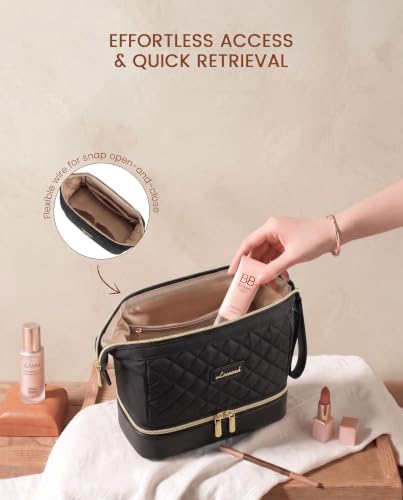 LOVEVOOK Travel Makeup Bag - Black Medium Double Layer Cosmetic Organizer