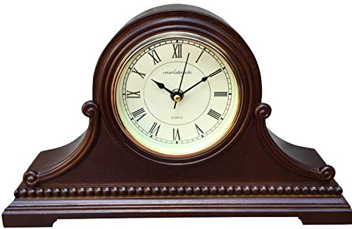 Wooden Mantel Clock with Roman Numerals - Silent Battery Operated Chiming Table Clock, Walnut Finish, 9x16x3 Inches
