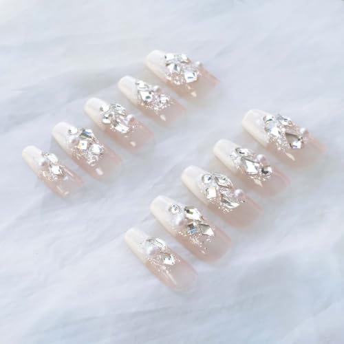 GLORS Splendid French Milky White Press-On Nails with Full Rhinestones, 10pcs (Small) – Light Luxury