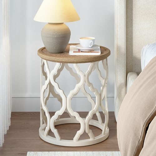 Farmhouse End Table with Tray - French Country Round Side Table Beige 18.5 In - Karlott