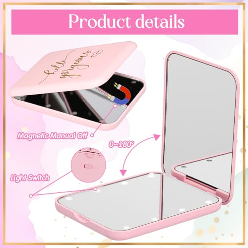 6 Pcs Hello Gorgeous Compact Mirror Pink 1x/2x Magnification Makeup Mirror Pocket with LED Light for Purse, Travel, Gorgeous Gift for Woman Mother Nurse Bridesmaid Sleepover Spa Party