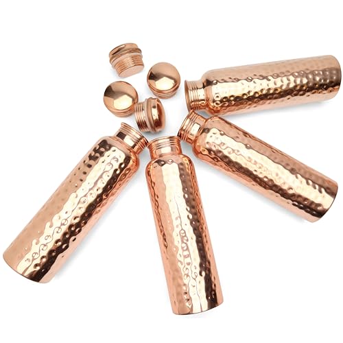Set of 4 Hammered Copper Water Bottles 34 oz with Leak-Proof Caps - Pure Copper Hydration