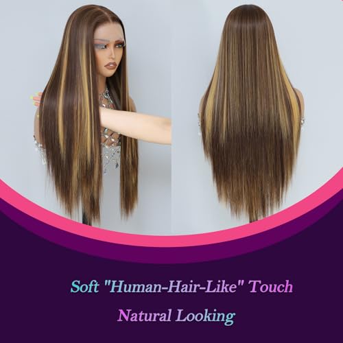 Barbique 26 Inch Synthetic Lace Front Wig Long Straight Honey Blonde Highlights - Model 1BT4P27