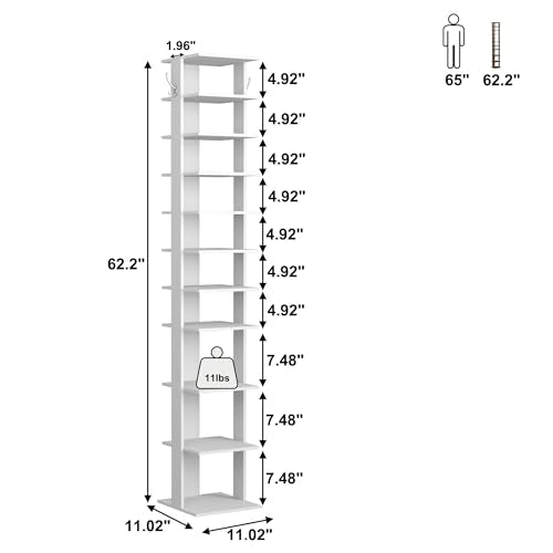 White 11.02 x 11.02 x 62.2 Inch 10-Tier Vertical Shoe Rack with Hooks