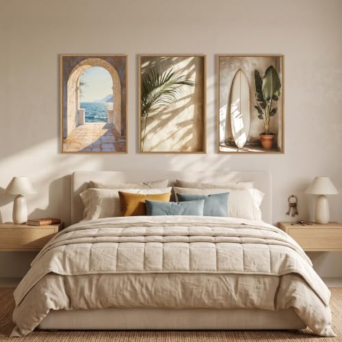 French Landscape Wall Art Set - 16x24 Inches, Coastal Beach Scene, Framed Canvas, 3 Piece