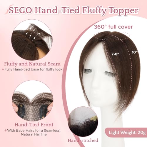 SEGO 10 Inch Dark Brown Human Hair Topper for Women, Thin Hair Volume Enhancement