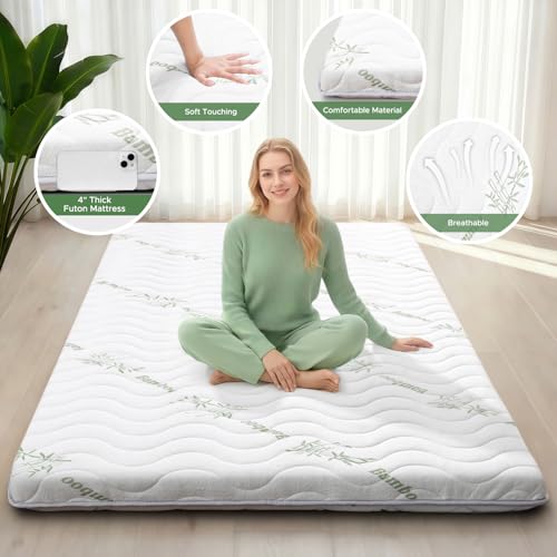 Green Japanese Floor Futon Mattress 3.5 Inch Thick Queen Size - Comfortable & Portable