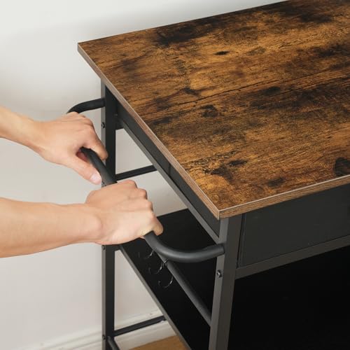 HOOBRO Rustic Brown & Black Kitchen Island with Storage, Rolling Cart, 2 Drawers, Outlet & Wine Rack