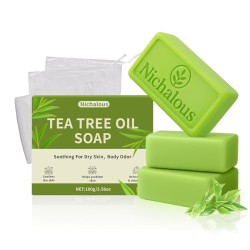 Tea Tree Soap, 3PCS Tea Tree Oil Relief Soap Bar - with Tea Tree Oil & Coconut Oil & Witch Hazel, Deep Pore Cleansing, Natural Handmade Foot & Body Soaps for Men & Women (3)