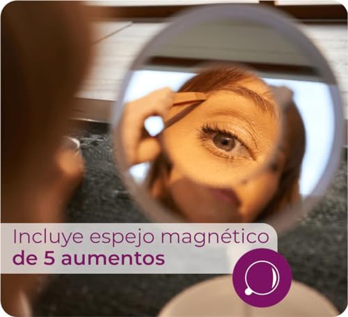 Illuminated 5X Vanity Mirror with Touch Control, Storage Tray, 13.8"L x 7.3"W, Magnetic Magnification, White LED, Cordless, 360° Rotation