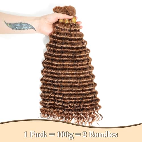 30# Brown Human Braiding Hair - 22 Inch Deep Curly Wave for Boho Braids - 2 Bundles