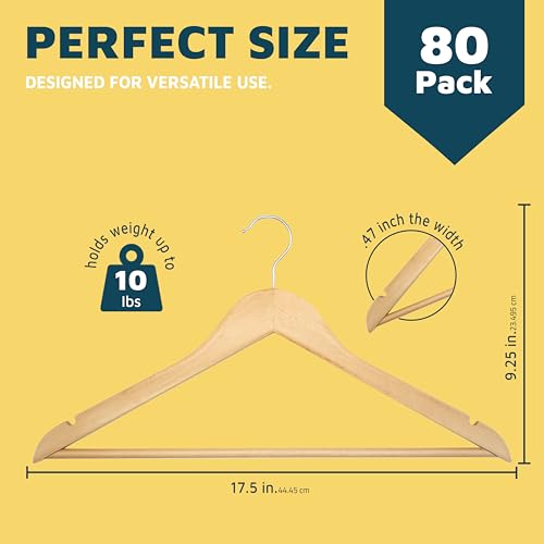 Wooden Hanger Set 80 Pieces - Natural Non-Slip Closet Organizers with Swivel Hooks