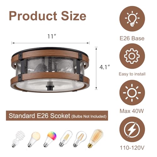 2-Light Ceiling Light with Seeded Glass Shade - Black & Rustic Finish, 4.1 Inch Height