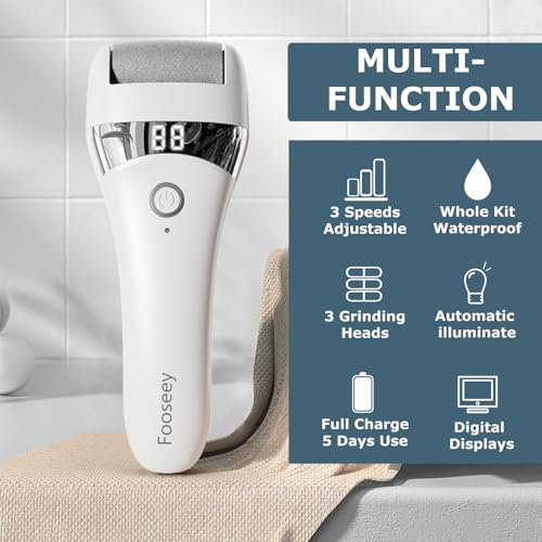 Fooseey Electric Foot Callus Remover - Rechargeable Waterproof Pedicure Tool with 3 Heads & Adjustable Speeds