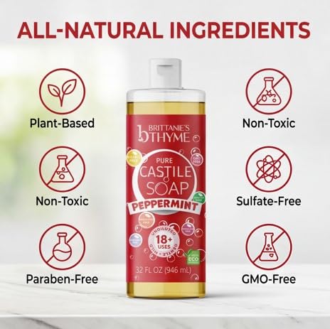 Brittanie's Pure Castile Liquid Soap Peppermint 64 Fl Oz - Nourishing Hand Wash with Organic Olive & Coconut Oil