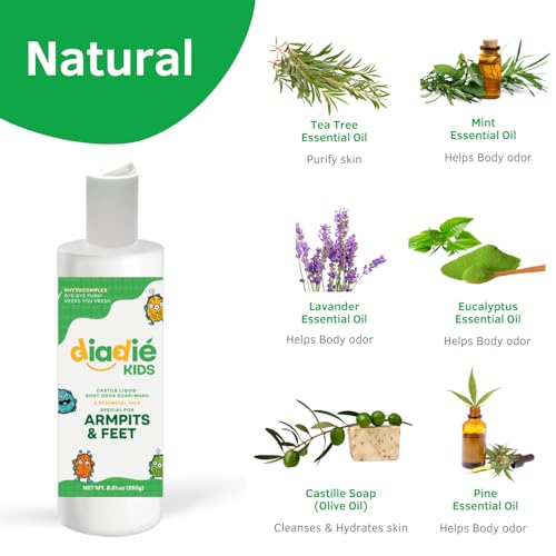 Kids Natural Castile Liquid Body Odor Soap/Wash, For Armpits, Boys or Girls, Made With 5 Essential Oils, 8.81 oz each, 2 Pack