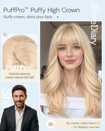 Creamy Platinum Blonde Wig 22" Long Layered Style with Bangs - High Volume & Realistic Hairline