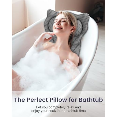 Bath Pillow, Bath Pillows for Tub Neck and Back Support, Soft 4D Air Mesh Bathtub Pillow 16.5 x 17.3 INCH, with 6 Powerful Suction Cups, Bath Accessories Relaxing Gifts for Women (Grey)