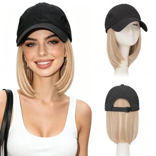 Benehair Quick Dry Baseball Cap Wig with Short Light Blonde Bleach Mix Hair, Black Adjustable Hat