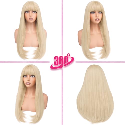 24 Inch Blonde Straight Layered Wig with Bangs Synthetic for Cosplay & Daily Wear - Variation of Blonde