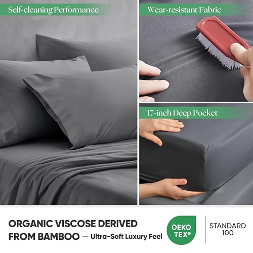 Dark Gray Silver Infused Bamboo Bed Sheet Set - Temperature-Regulating & Self-Cleaning, Full XL