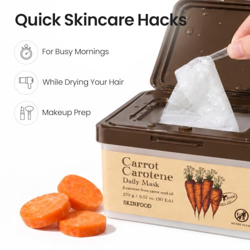 SKINFOOD Carrot Carotene Daily Sheet Mask – 30-Pack, 5-Minute Hydrating Moisturizing Face Mask (Carrot)