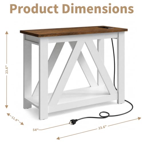 Farmhouse Narrow End Table with Charging Station - White & Honey Brown, Variation 1