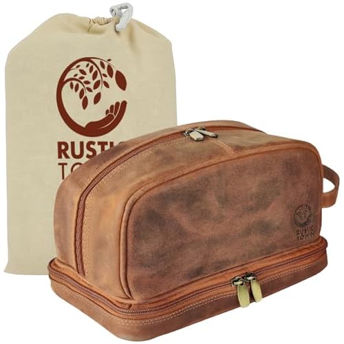RUSTIC TOWN Leather Toiletry Bag - Waterproof Ditty Kit for Men and Women, Travel Organizer for Full-Size Essentials, TSA Approved