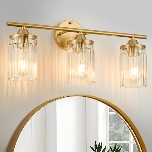 Jonsi Gold 3-Light Vanity Wall Sconce with Clear Glass Shades - Modern Bathroom Fixture 22.8 Inch