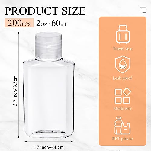 Tanlade 200 Pack 2 oz Empty Hand Sanitizer Bottles Bulk for Customization, Refillable PET Plastic Bottles with Flip Cap for Business, Events, Schools, Party Favors & DIY Liquids(Clear)