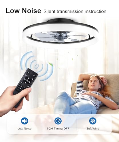 20-Inch Modern Low Profile Ceiling Fan with Lights & Remote - Black, Reversible & Dimmable