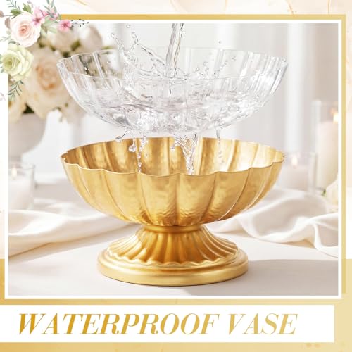 Bright Gold Metal Compote Vase Set - 10 Floral Centerpiece Bowls with Liners & Floral Tape