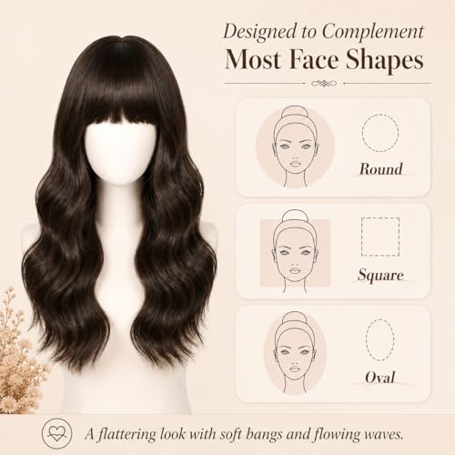 Long Wavy Wig with Bangs for Women Dark Brown, Natural Look, Adjustable Fit