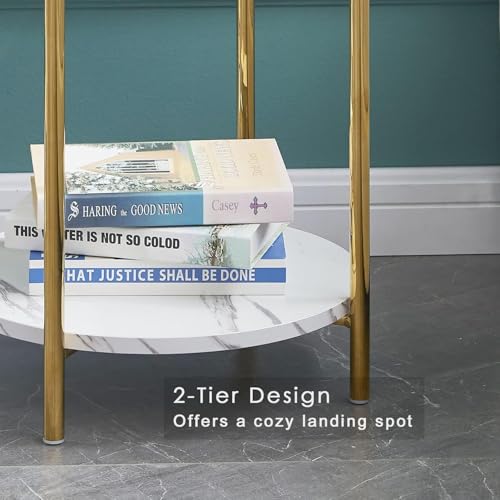 Gold Round End Table with Faux Marble Top - 2-Tier Modern Side Table