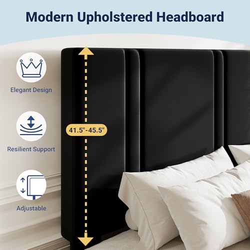 Black Queen Platform Bed Frame with Velvet Upholstered Headboard, Adjustable & Storage