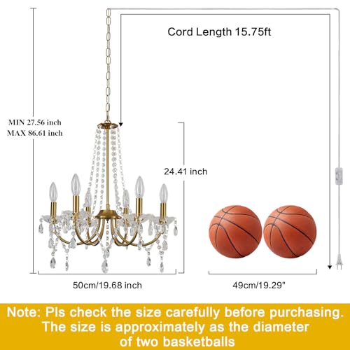 Plug-in Gold Crystal Chandelier with Long Cord - Modern Hanging Light Fixture