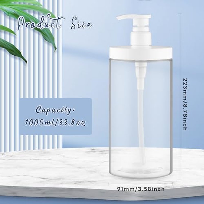 4 Pcs Pump Press Bottles Clear Plastic Shower Shampoo Bottles Empty Refillable Pump Dispenser for Lotion Soap Body Wash - 1000ml/34oz