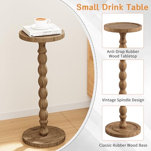 Small Round Side Table 2 Pack - Rubberwood Drink Table for Small Spaces, 9.4"W x 23.8"H - Brown Variation