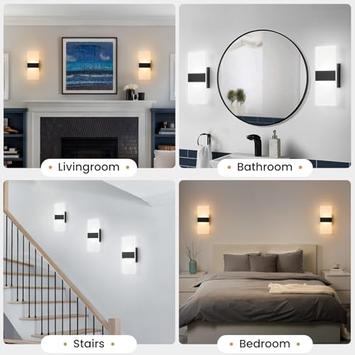 Black 4 Pack Modern Dimmable LED Wall Sconces Set of 4 - Adjustable Color Temp 2700K-5000K, Damp Rated, Hardwired Indoor Lighting